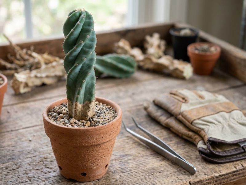 Estaca cicatrizada de cacto parafuso plantada em vaso pequeno