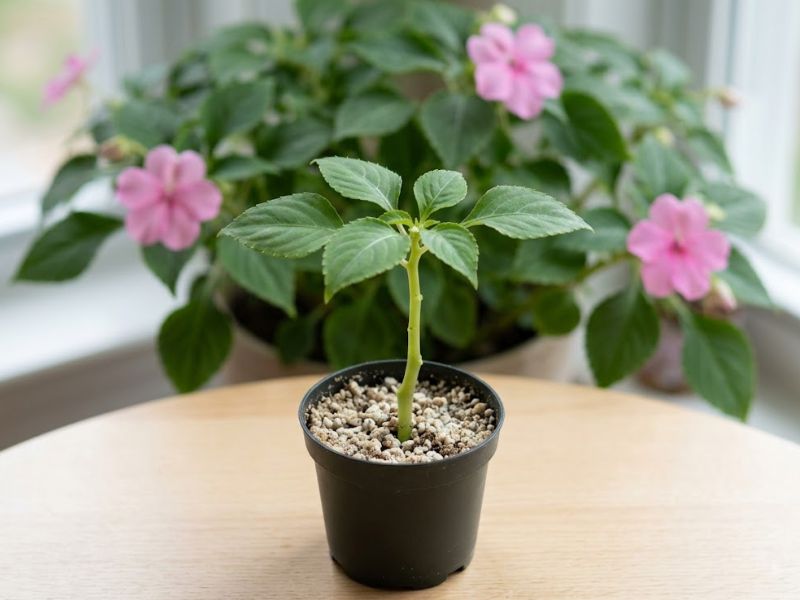 Estaca de flor beijinho plantada em vaso com substrato úmido