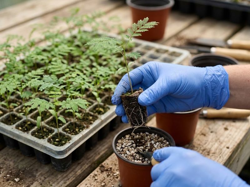 Muda de jacarandá mimoso sendo transplantada com o torrão preservado