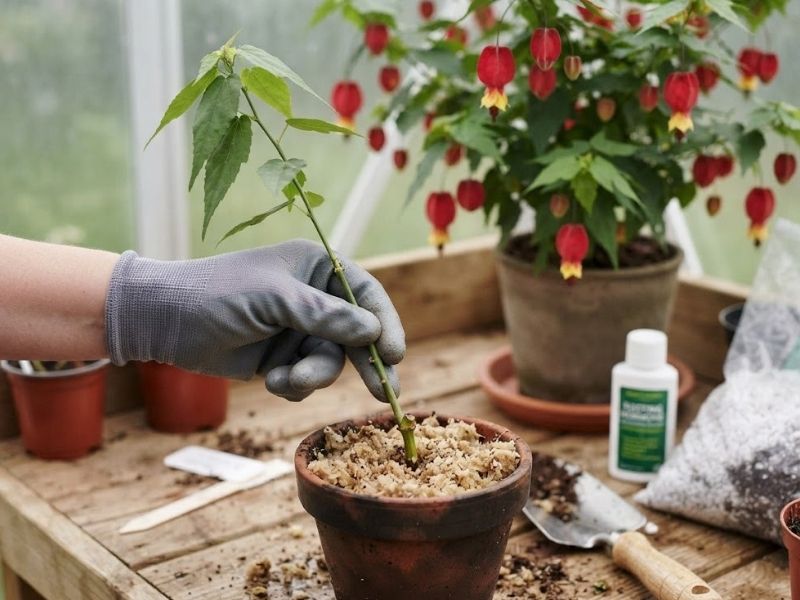 Estaca de Abutilon megapotamicum sendo plantada em vaso com substrato leve
