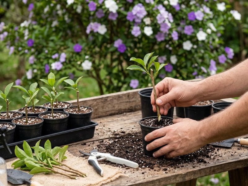 Estacas de manacá de cheiro sendo plantadas em substrato para formar mudas