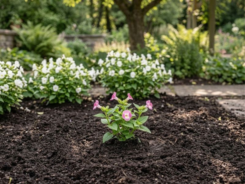 Muda de torênia rosa recém-plantada em canteiro com solo fértil