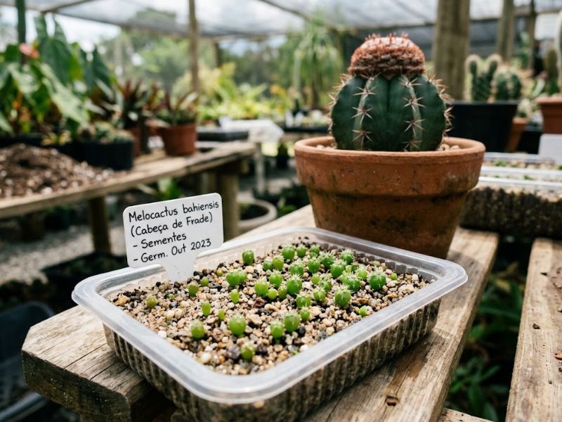 Pequenas mudas de cacto cabeça de frade germinando em recipiente