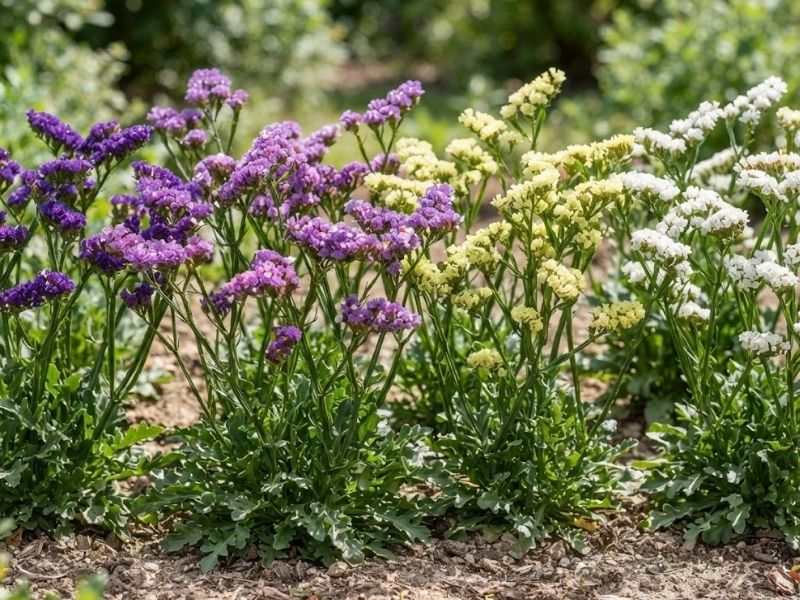 Flores de statice em tons de roxo, rosa, amarelo e branco organizadas em recipientes separados