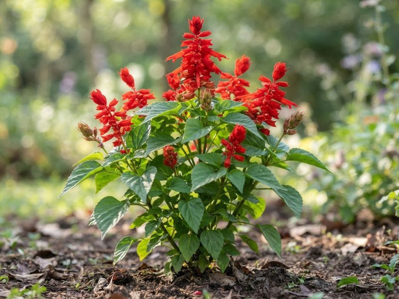 Planta inteira de alegria de jardim com folhas serrilhadas e espigas vermelhas