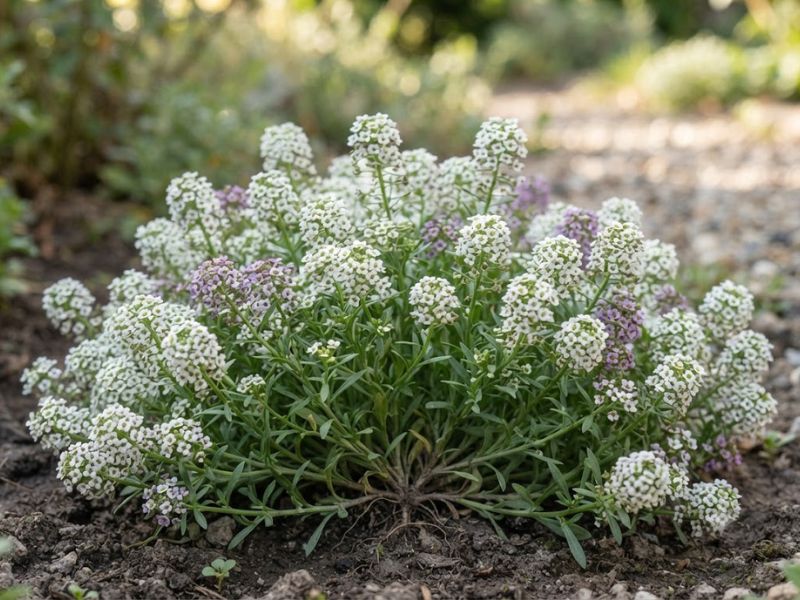 Planta inteira de flor-de-mel com porte baixo, folhas estreitas e pequenos cachos brancos