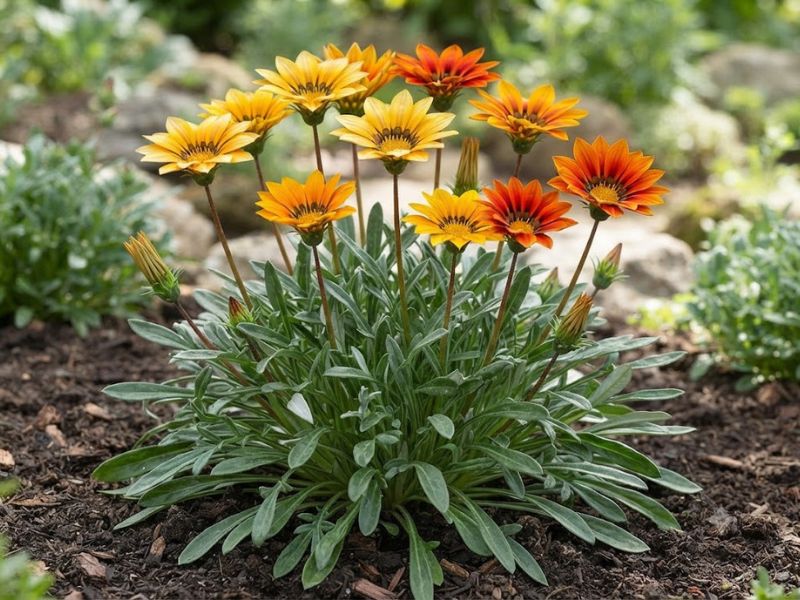 Planta inteira de gazânia com folhas alongadas, botões e flores alaranjadas