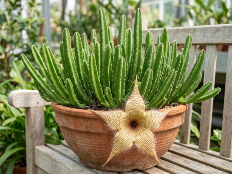 Cacto estrela com caules verdes angulosos e flor creme em vaso de terracota