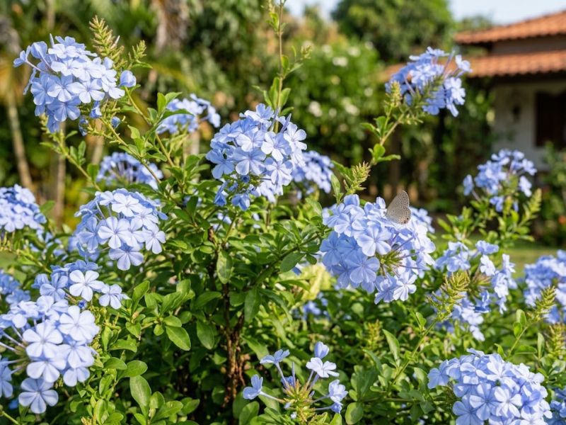 Flor bela emília com cachos azul claros e folhagem verde