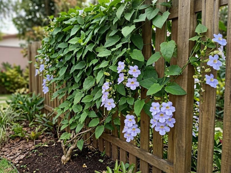 Trepadeira tumbérgia azul plantada junto a uma cerca de madeira