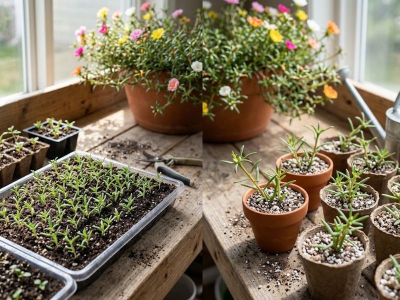 Mudas de onze horas germinadas por sementes e ramos plantados como estacas