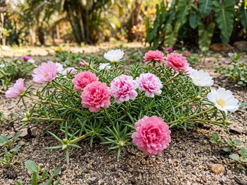 Onze horas simples e dobradas em tons de branco, rosa e pink crescendo no mesmo canteiro