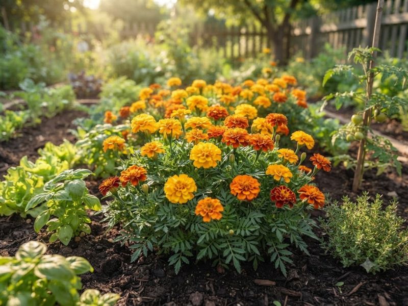 Cravo-de-defunto cultivado naturalmente entre alface, manjericão e tomateiro na horta