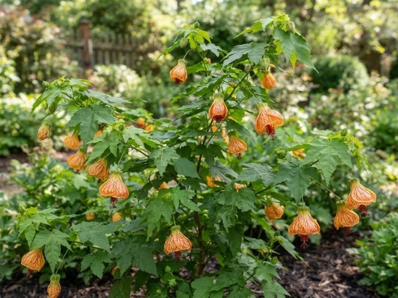 Abutilon pictum com botões e flores laranjas em diferentes fases de abertura