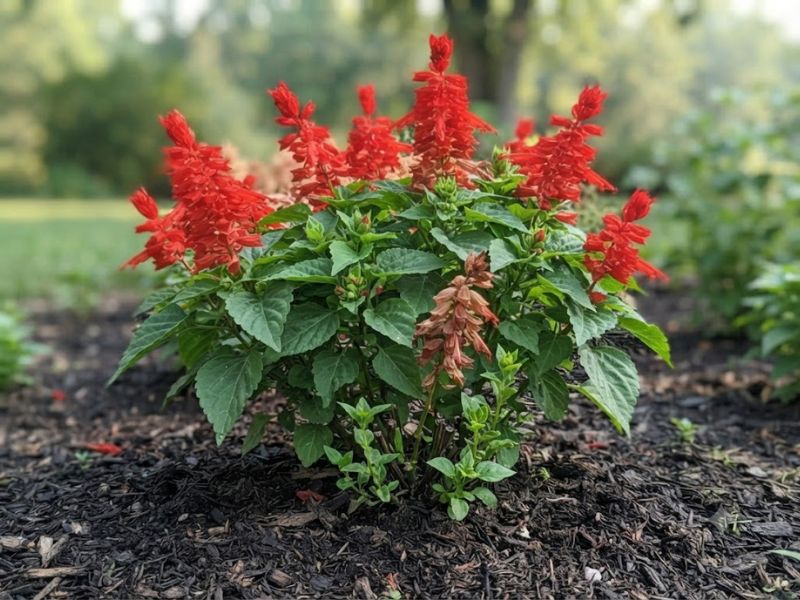 Alegria de jardim com botões, flores abertas, haste antiga e novos brotos