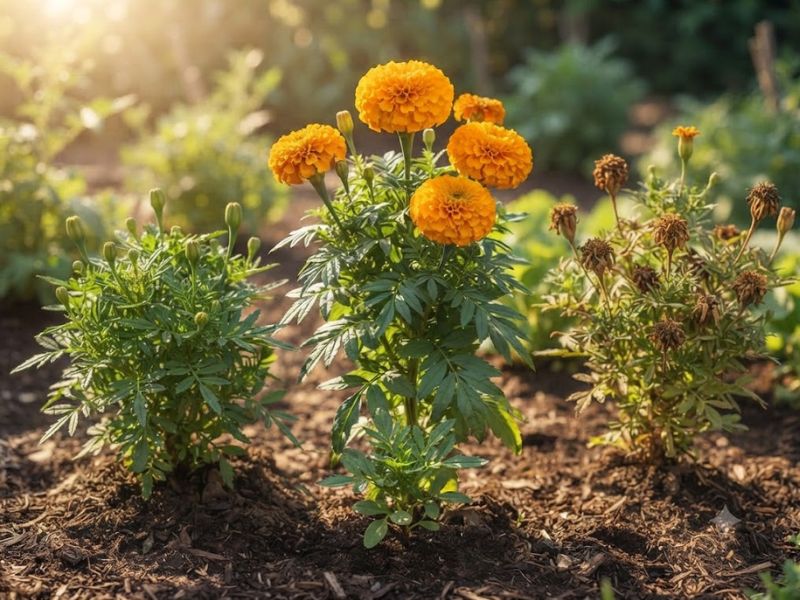 Cravo-de-defunto em diferentes fases com muda, botões, flores abertas e formação de sementes