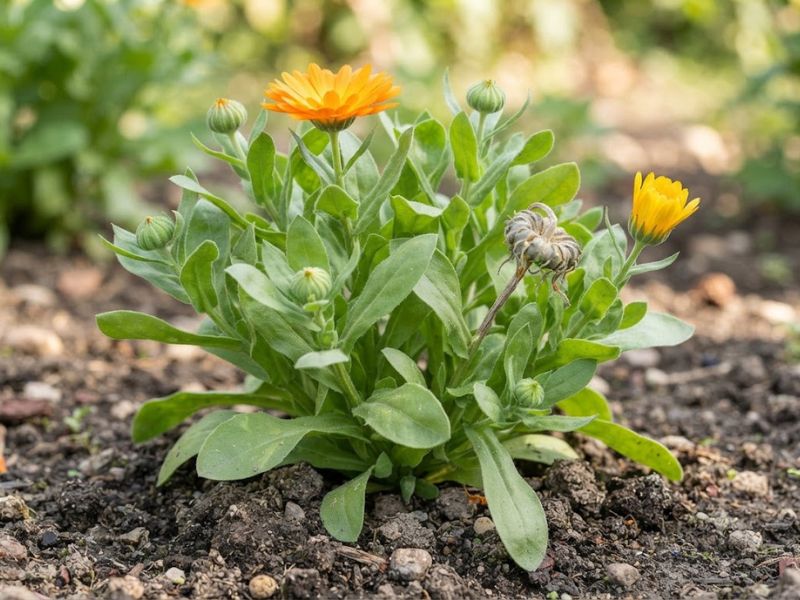 Planta de calêndula com botões, flores abertas e formação de sementes