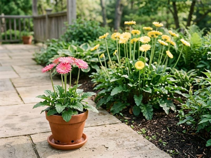 Flor gérbera compacta em vaso diante de uma gérbera de jardim cultivada no canteiro
