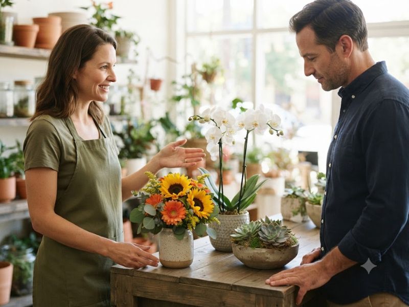 Florista apresentando girassóis, orquídea e suculentas para uma pessoa adulta