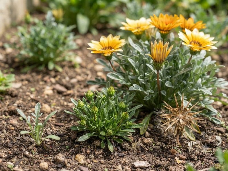 Gazânia em diferentes fases com muda, botões, flores abertas e sementes
