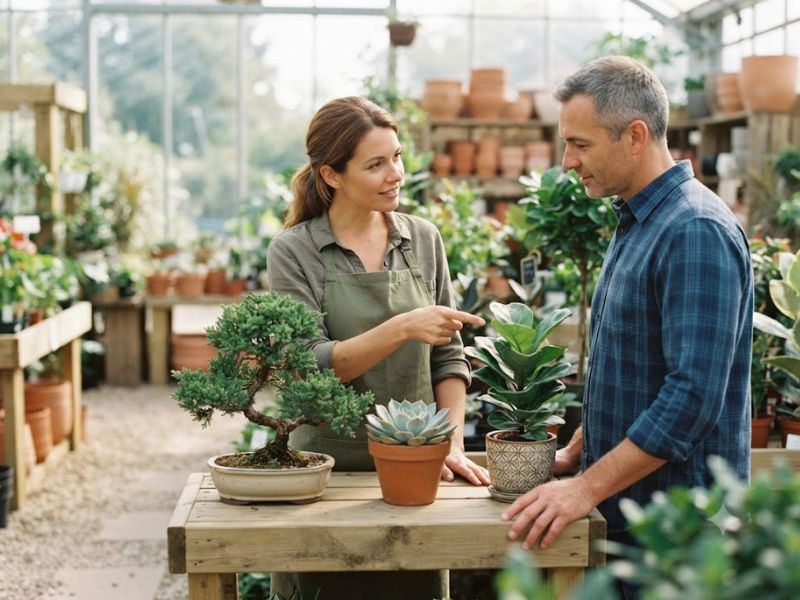 Atendente mostrando bonsai, suculenta e planta de interior a um cliente