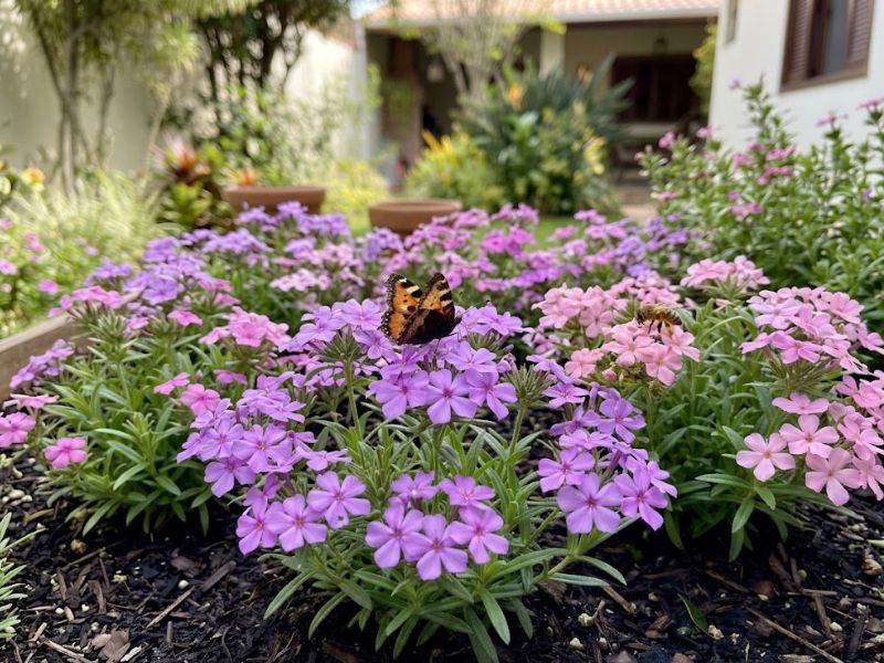 Phlox drummondii florida com borboleta pousada sobre as flores