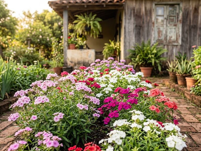Phlox drummondii colorida em antigo canteiro de jardim de família