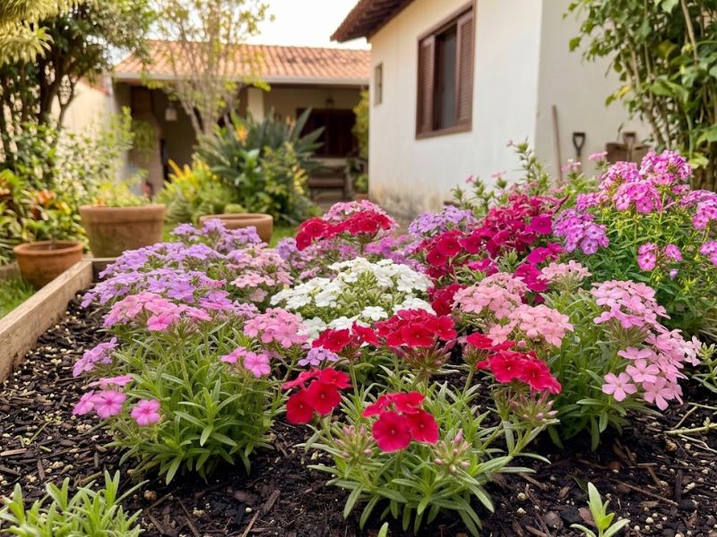 Phlox drummondii compacta com muitos botões e flores rosas