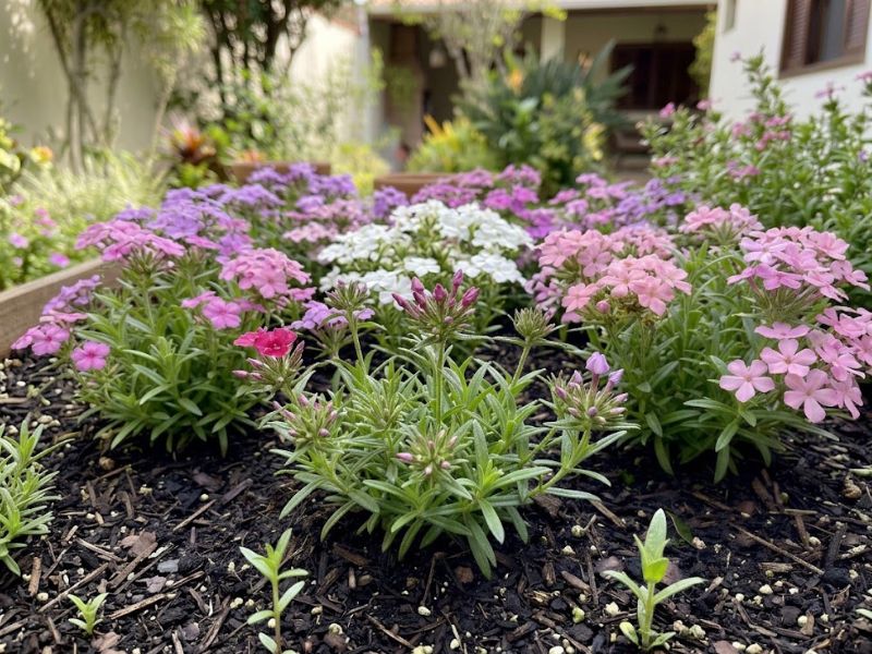 Phlox drummondii em diferentes fases de crescimento e floração