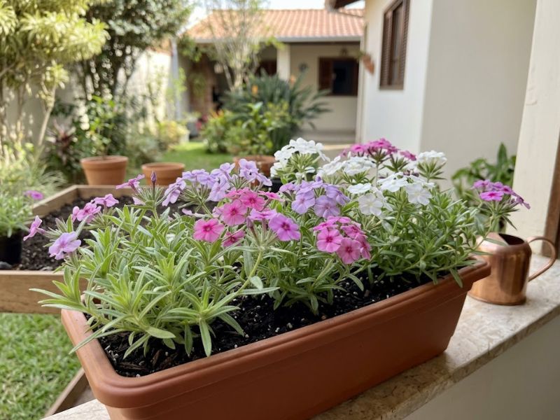 Phlox drummondii cultivada em floreira retangular com flores rosas, lilases e brancas