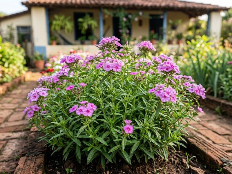 Phlox drummondii com pequenas flores rosas agrupadas e folhas verdes