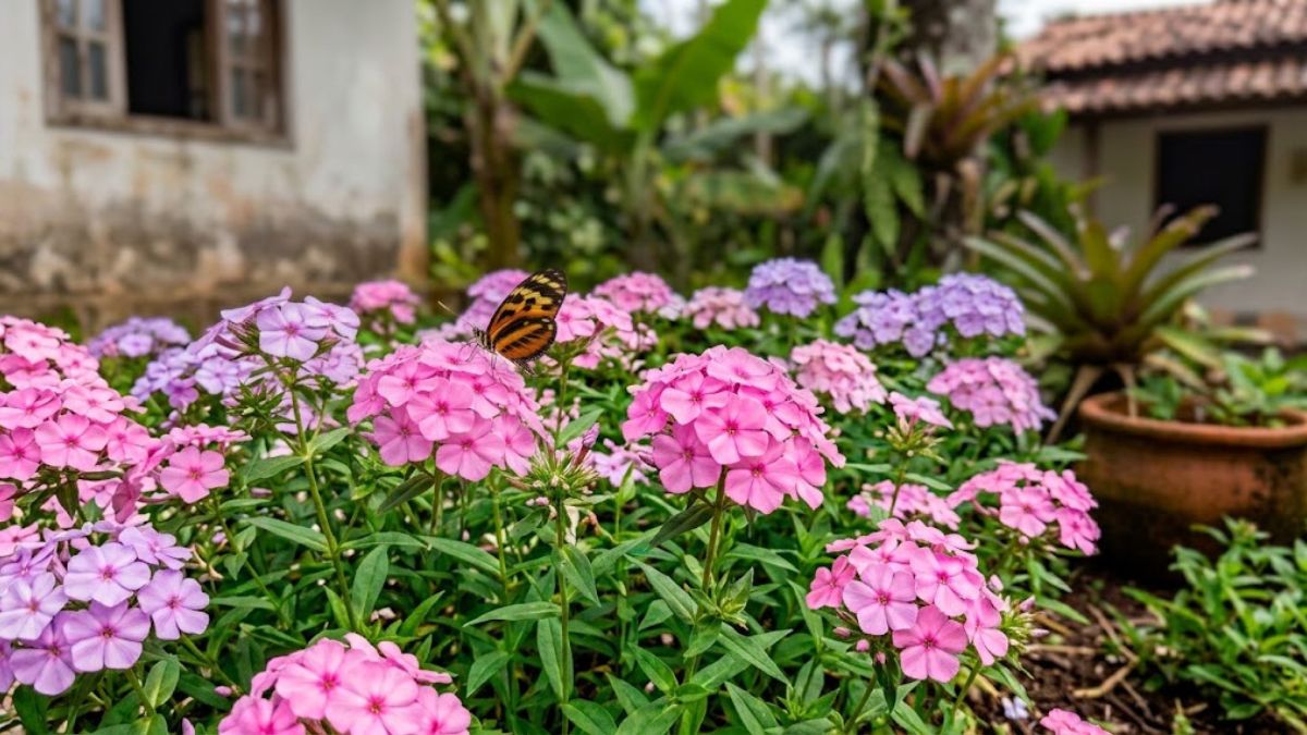 Phlox drummondii flor chitinha rosa e lilás com borboleta no jardim