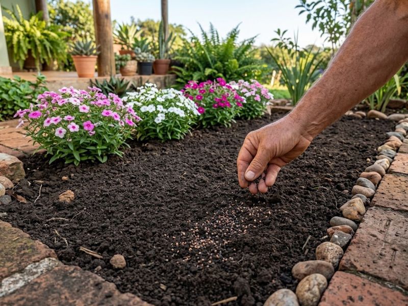 Sementes de Phlox drummondii sendo plantadas diretamente no canteiro