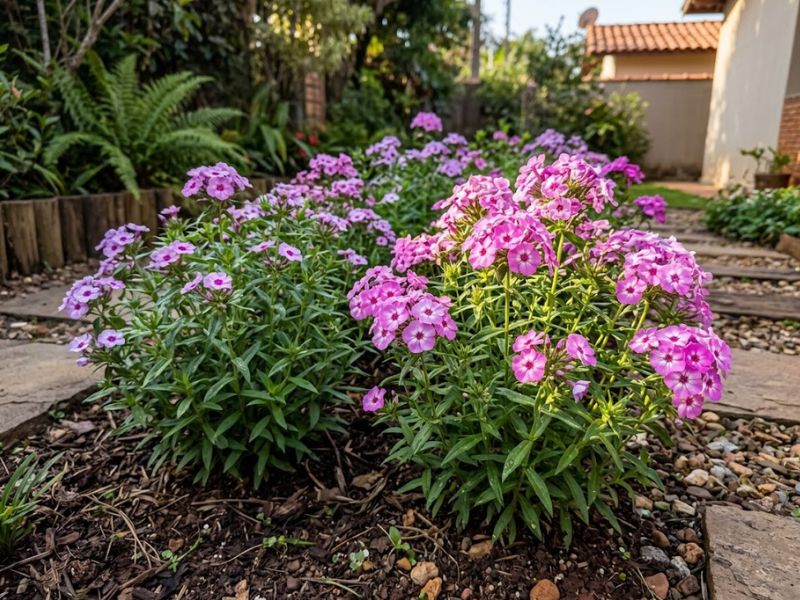 Phlox drummondii recebendo sol suave da manhã no jardim