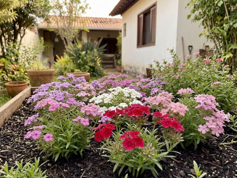 Phlox drummondii colorida em tradicional canteiro de jardim de família