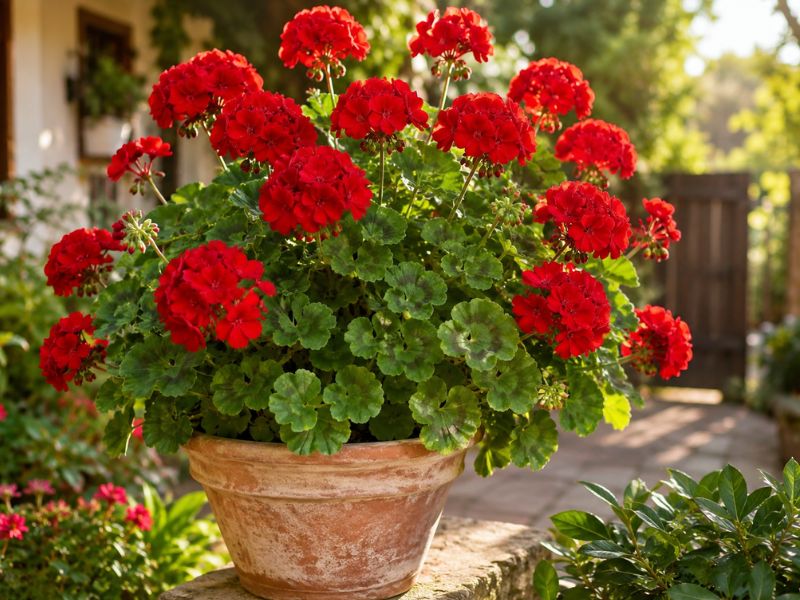 Gerânio ornamental com folhas verdes e flores vermelhas