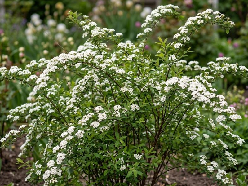 Arbusto grinalda de noiva com ramos arqueados cobertos por pequenas flores brancas