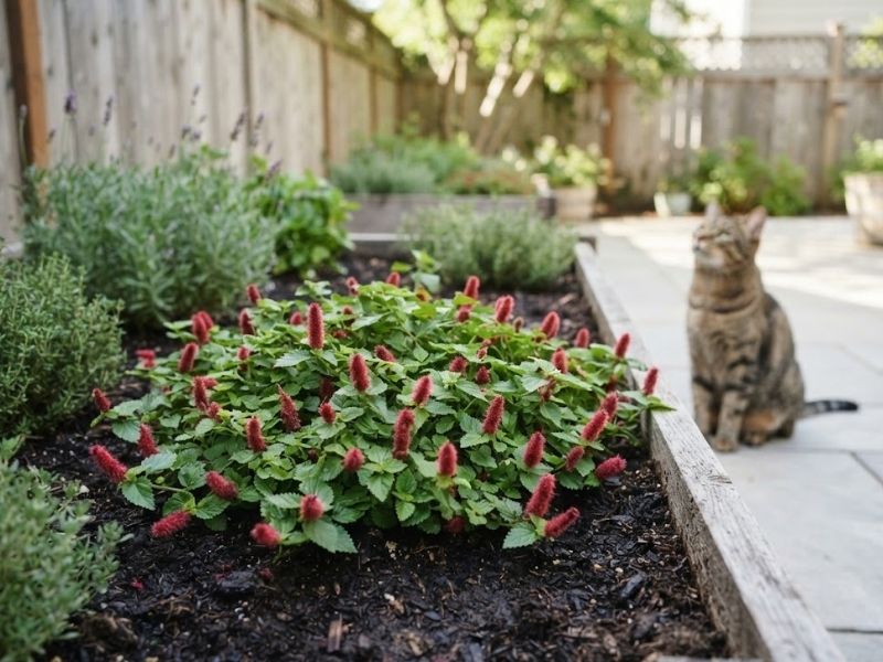 Rabo de gato cultivada em jardineira elevada enquanto um gato observa ao fundo.