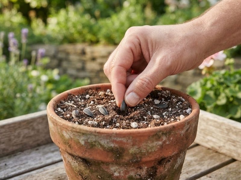Semente de girassol sendo plantada em substrato