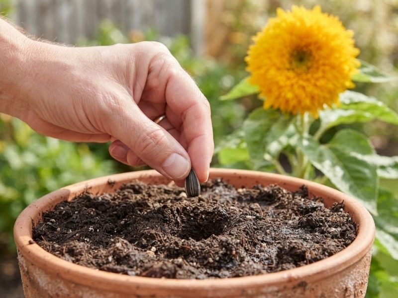 Semente de girassol sendo plantada em substrato