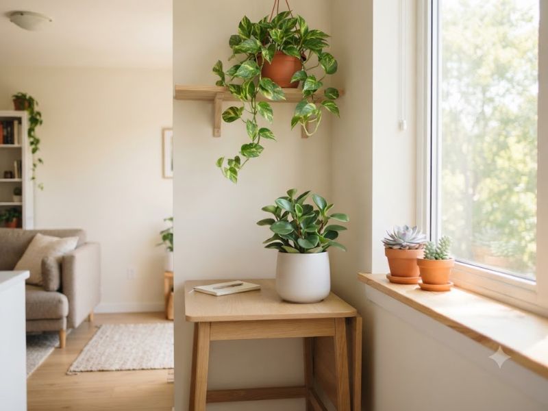 Peperômia, jiboia pendente e suculentas em apartamento pequeno