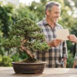 Bonsai em primeiro plano com pai recebendo um cartão da filha no jardim