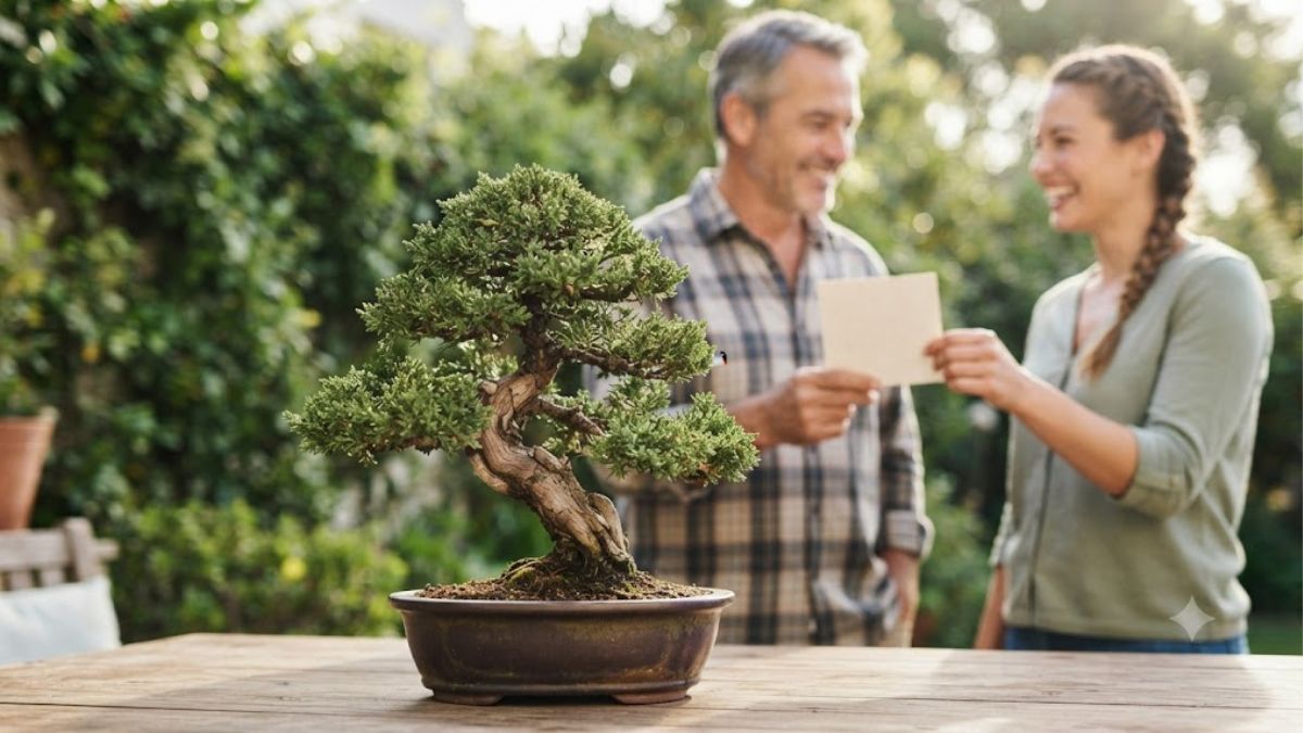 Bonsai em primeiro plano com pai recebendo um cartão da filha no jardim