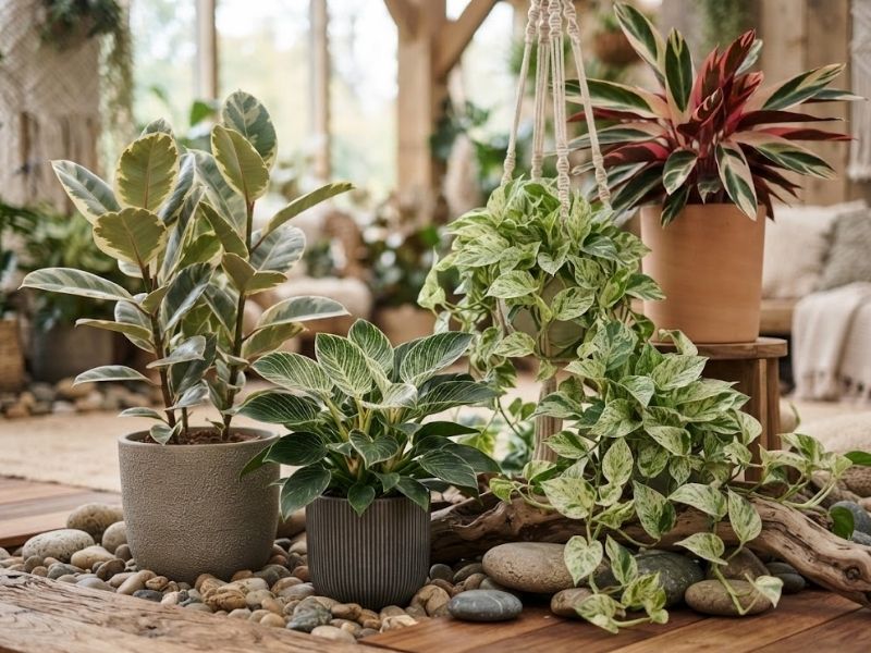 Seleção de plantas variegadas com folhas listradas, manchadas e coloridas