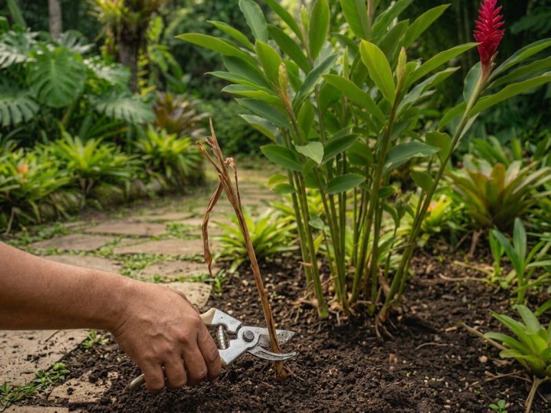 Haste seca de alpínia purpurata sendo removida com tesoura de poda