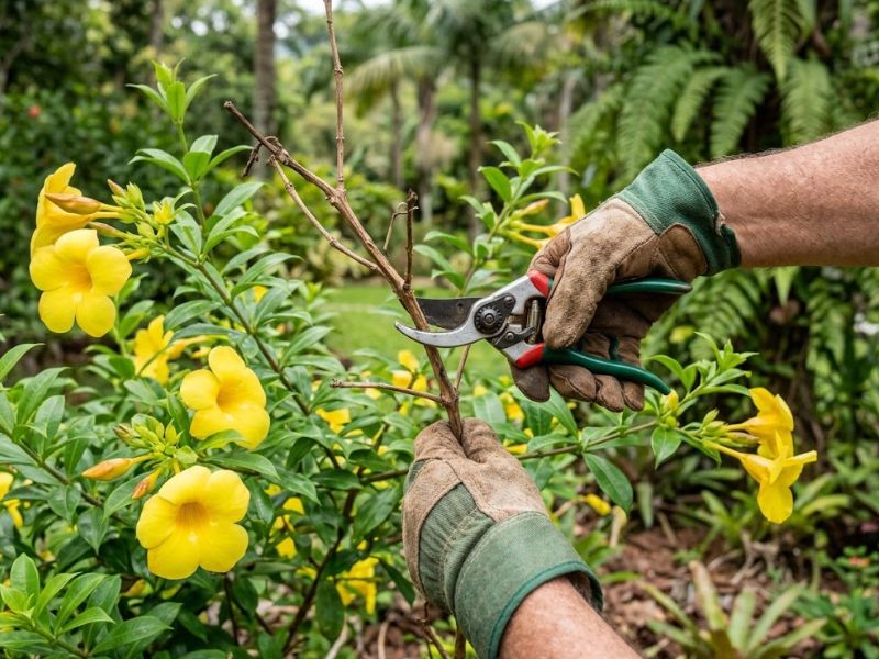 Poda de galho seco da alamanda amarela com tesoura de jardinagem
