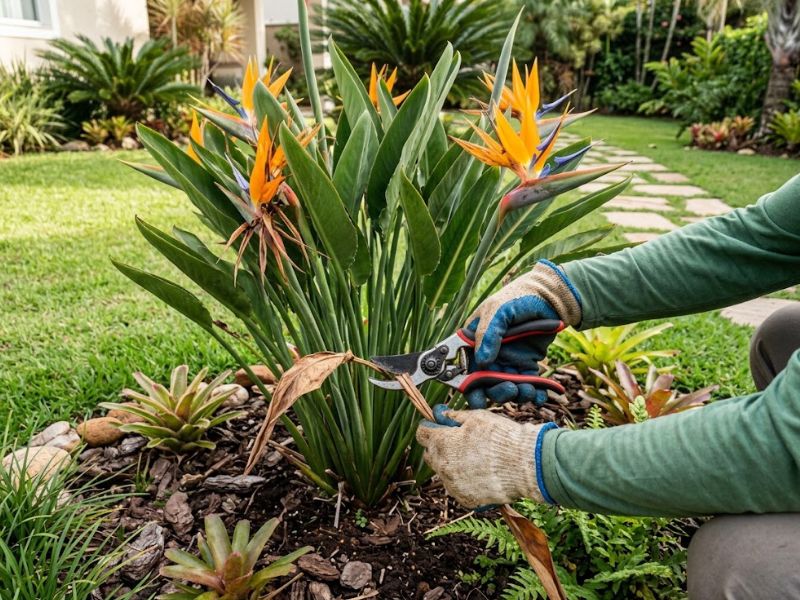 Poda de folha seca da estrelícia com tesoura de jardinagem