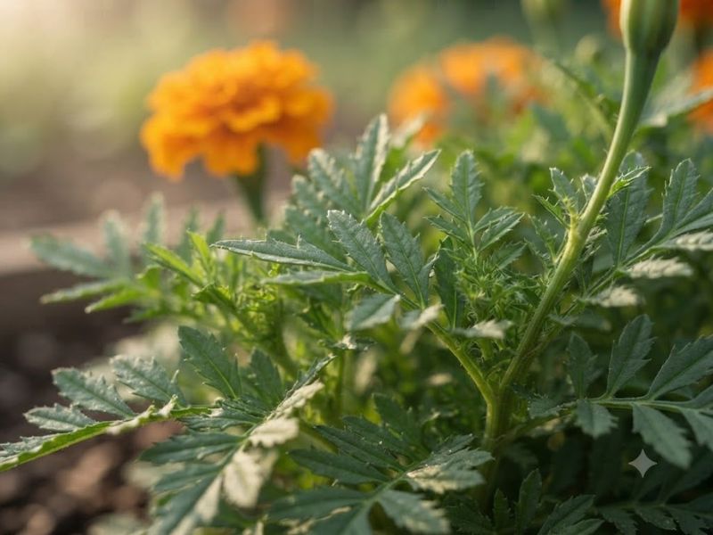 Folhas verdes recortadas do cravo-de-defunto responsáveis pelo aroma forte da planta