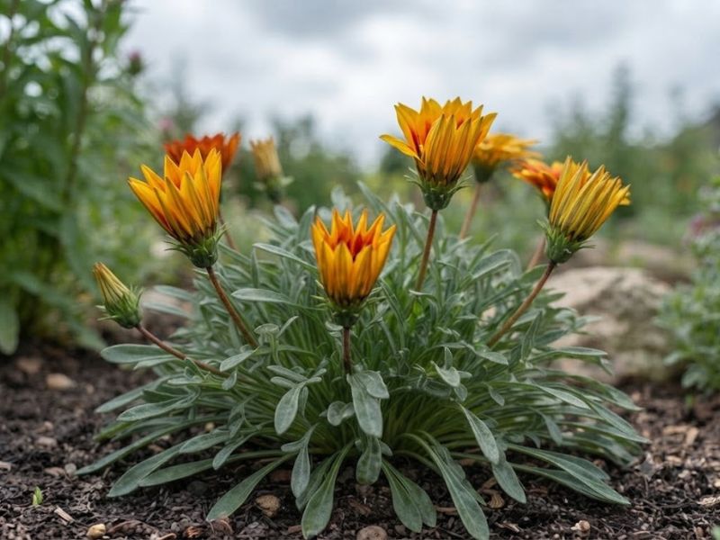 Flores saudáveis de gazânia parcialmente fechadas em um dia nublado