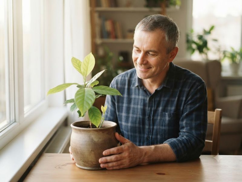 Pai observando uma planta jovem recebida como presente